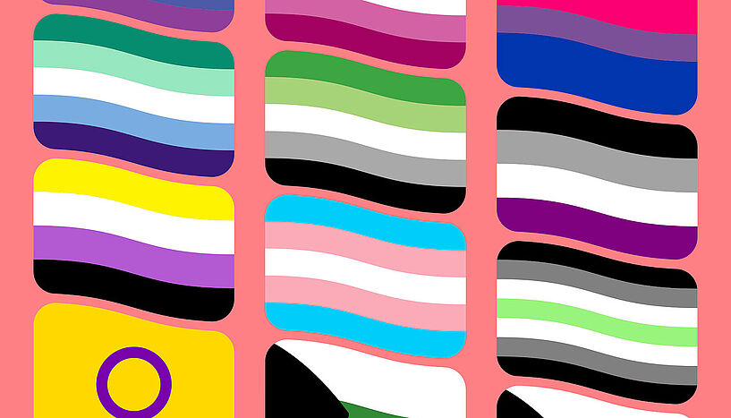 Symbolgrafik mit Icons von LGBTIQ* Fahnen