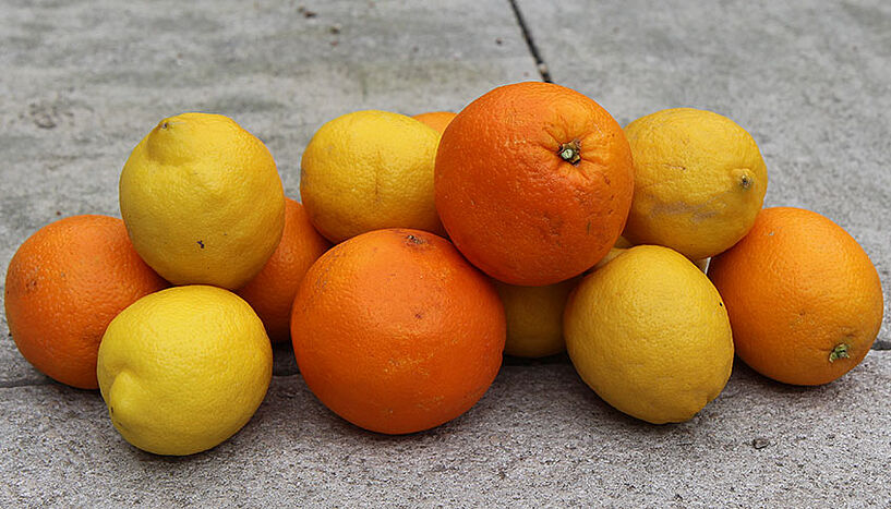 Ein Stapel Zitronen und Orangen
