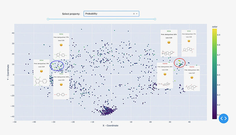 Abb. 3: Zwei Cluster wurden vom Referenzmodell mit hoher Sicherheit zugeordnet. Der dichtere Cluster auf der linken Seite steht für Steroidderivate, während der rechte, weniger definierte Cluster polychlorierte Biphenyle und Polyphenole umfasst. 
