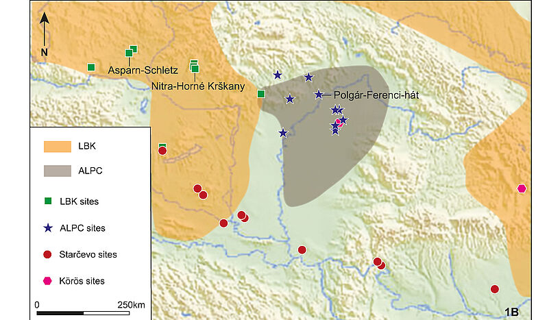 Fig. 2: Map of the LBK culture and the studied sites 
