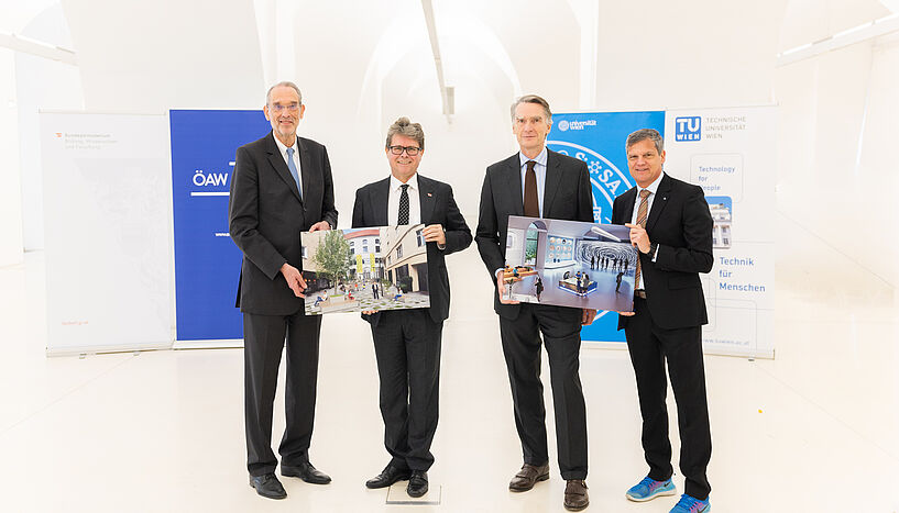 v.l.n.r.: Heinz Fassmann, Präsident der ÖAW; Martin Polaschek, Bundesminister für Bildung, Wissenschaft und Forschung; Sebastian Schütze, Rektor der Universität Wien; Jens Schneider, Rektor der TU Wien