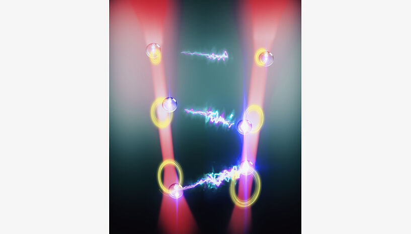 Fig. 1: Scientific illustration of the experiment where two particles in two laser beams are coupled nonreciprocally through light scattered between them. This interaction makes them move along specific orbits such that the particles follow each other (the yellow circles are the experimental records of the motion of each particle).