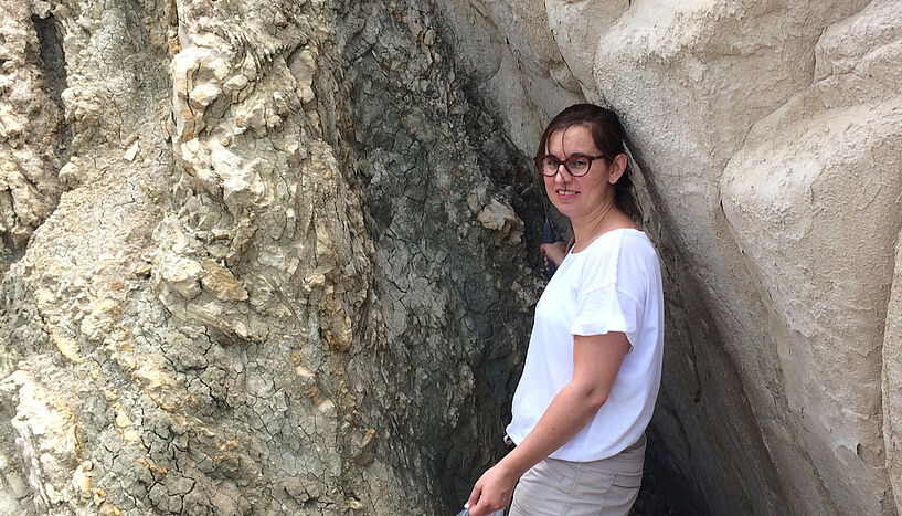 Fig. 4: Konstantina Agiadi at the Laganas coast, on Zakynthos, Greece, where the end of the Messinian Salinity Crisis can be observed. 
