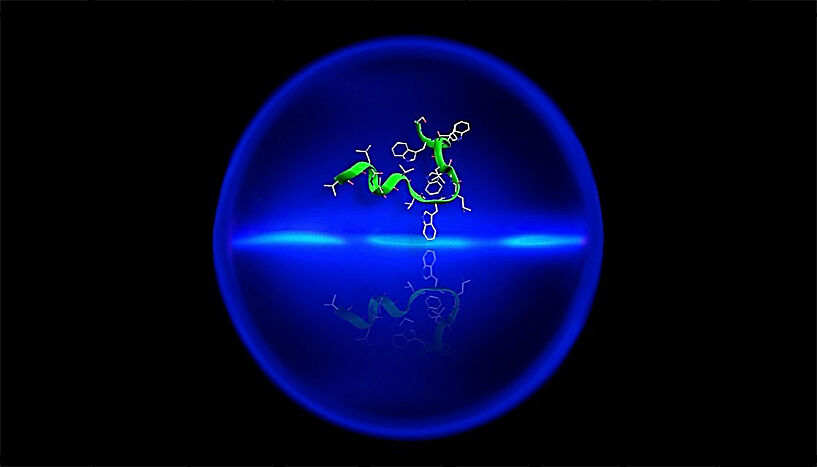 Artistic illustration of the delocalization of gramicidin, a complex antibiotic polypeptide