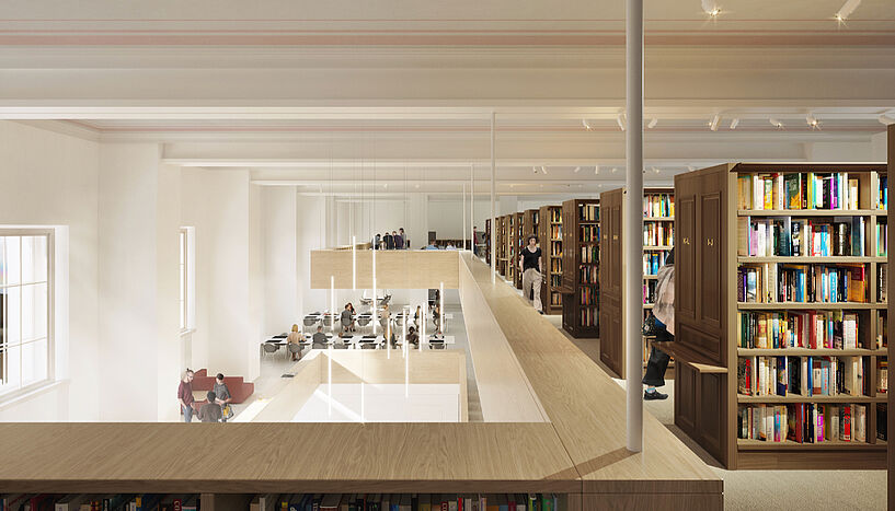 Visualisierung Hauptbibliothek Uni Wien: Eingangsbereich Galerie (C Atelier Architekt Palme)