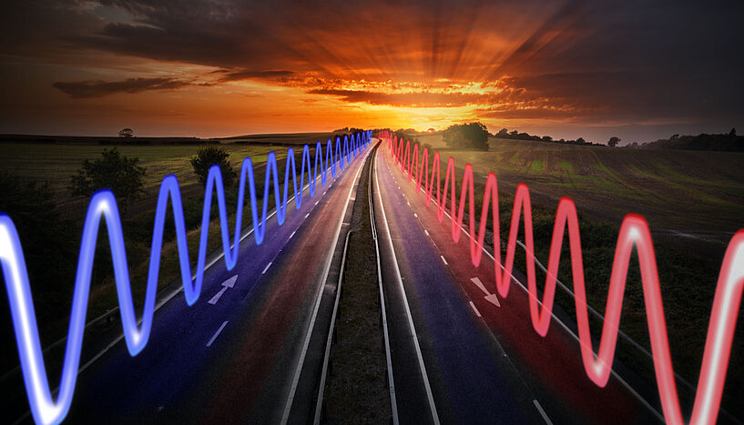 Bild einer zweispurigen Autobahn für Signale. Die eine Quadratur wird in die eine, die andere Quadratur in die andere Richtung übertragen. 