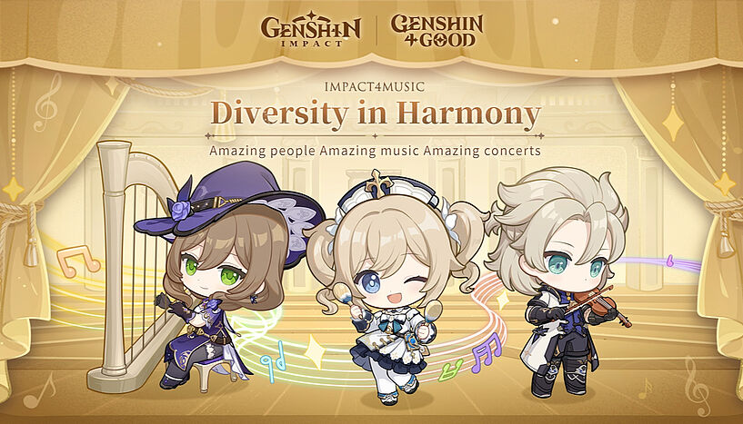 Fig. 1:  Impact4Music: Diversity in Harmony official Genshin Impact endorsers Lisa, Barbara and Albedo